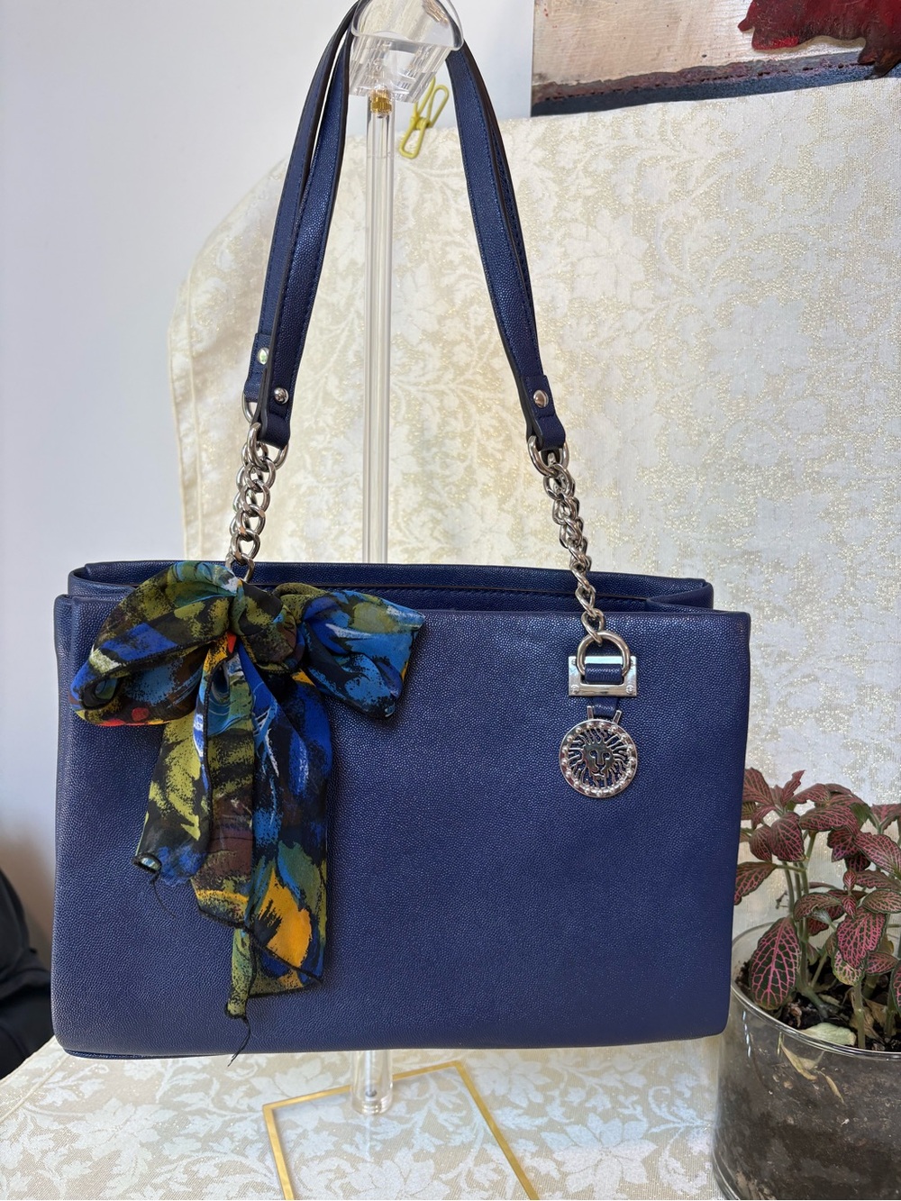 Anne Klein Navy Blue Women's Tote Handbag with Decorative Scarf